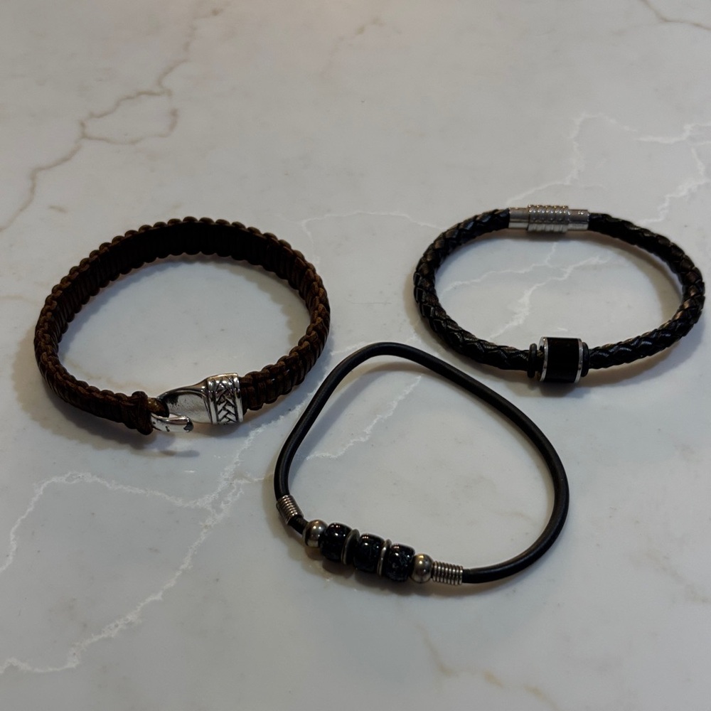 Men’s Braided & Beaded Bracelet Bundle Set of 3 Boho Leather Wood Stone EUC